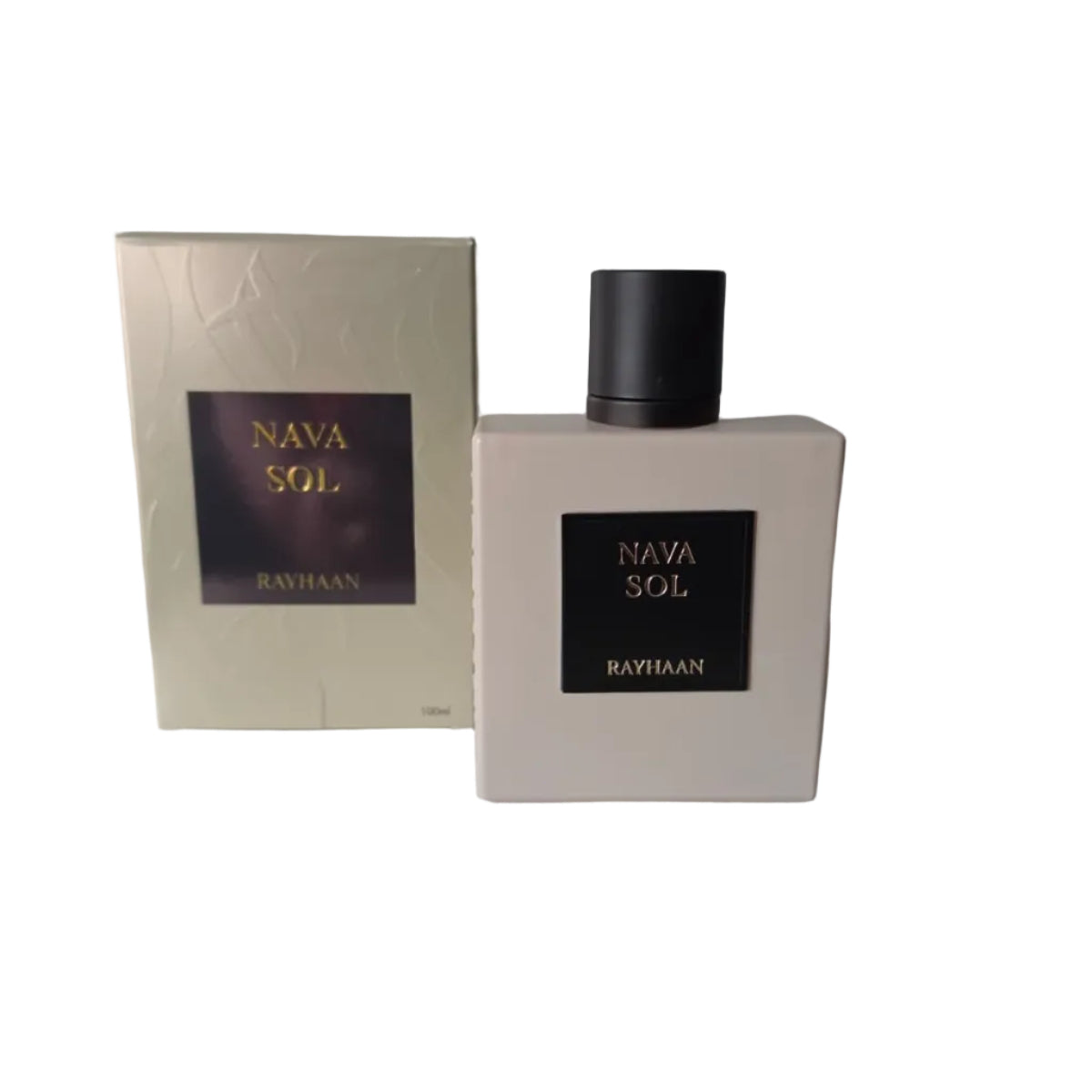 A bottle of RAYHAN NAVA SOL perfume next to its original box, displayed on a light gray surface against a gray wall.