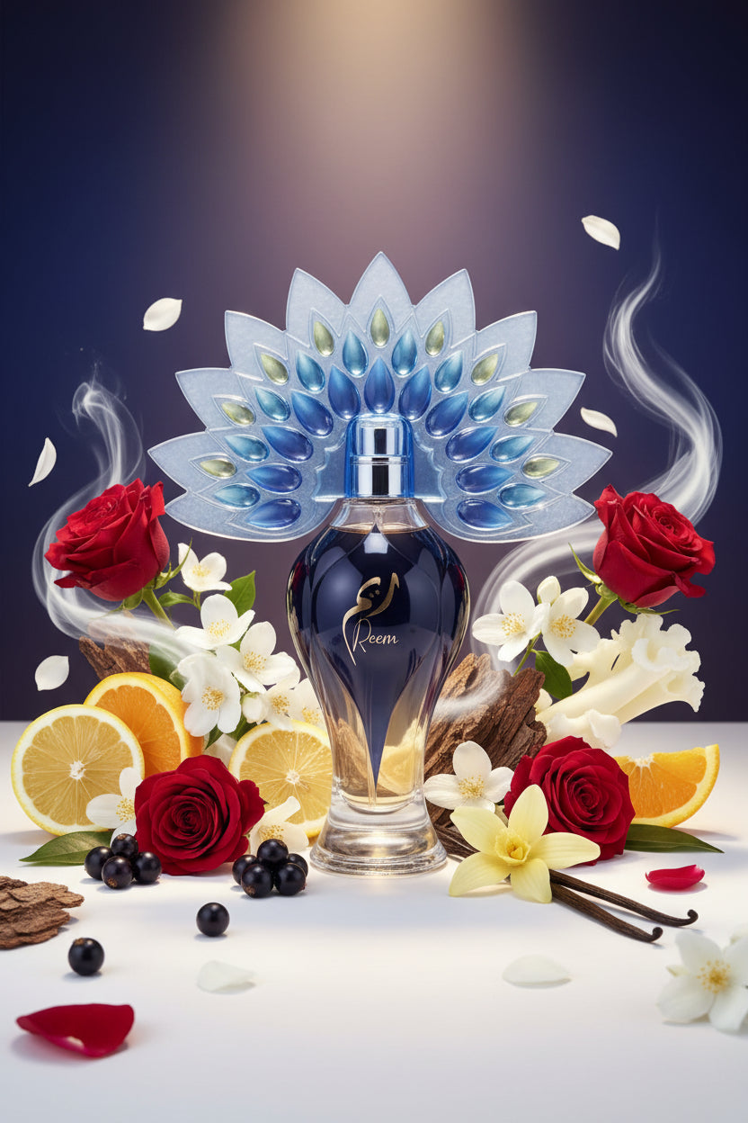 Blue perfume bottle with decorative peacock feather stand on a white surface