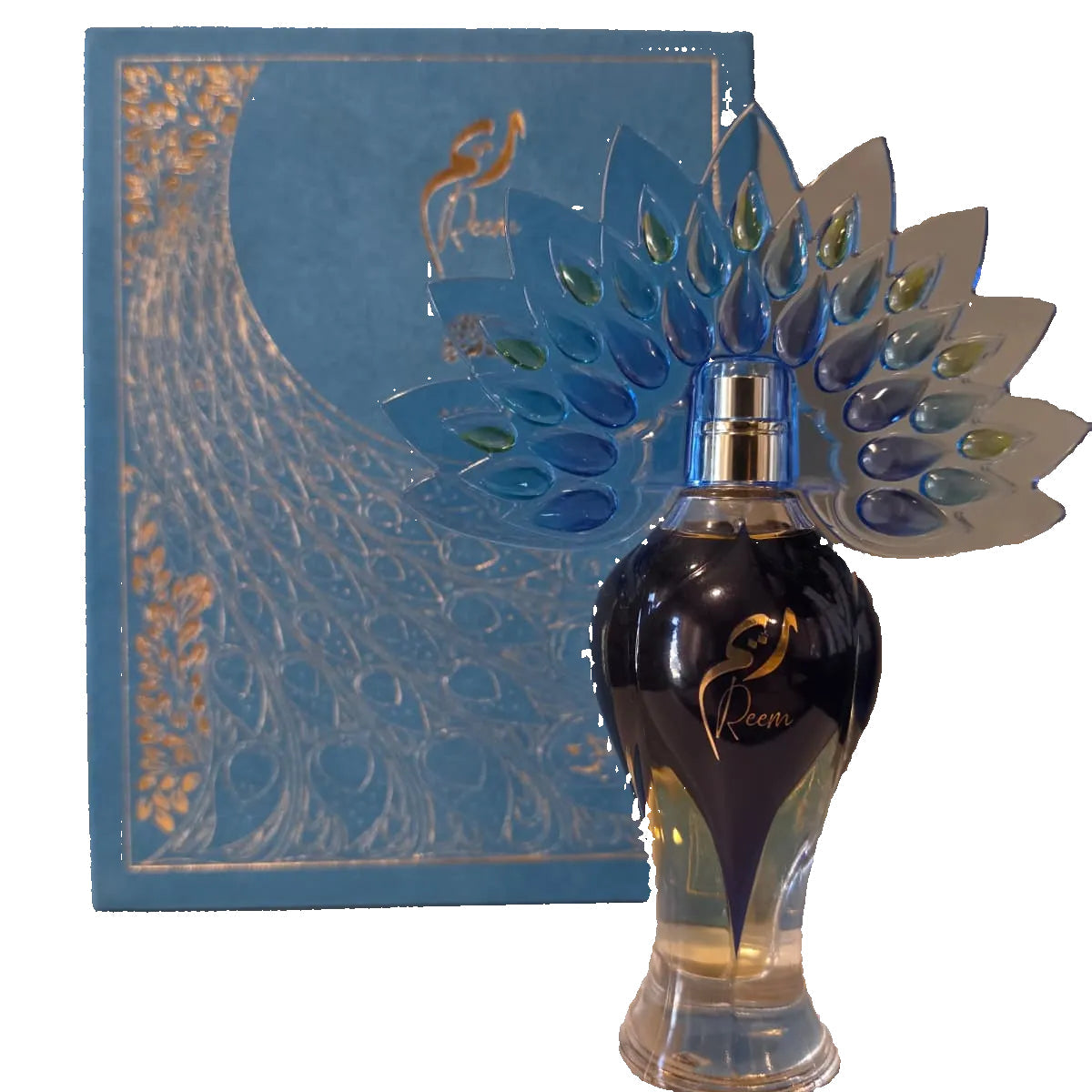 Perfume bottle with decorative packaging on a light surface