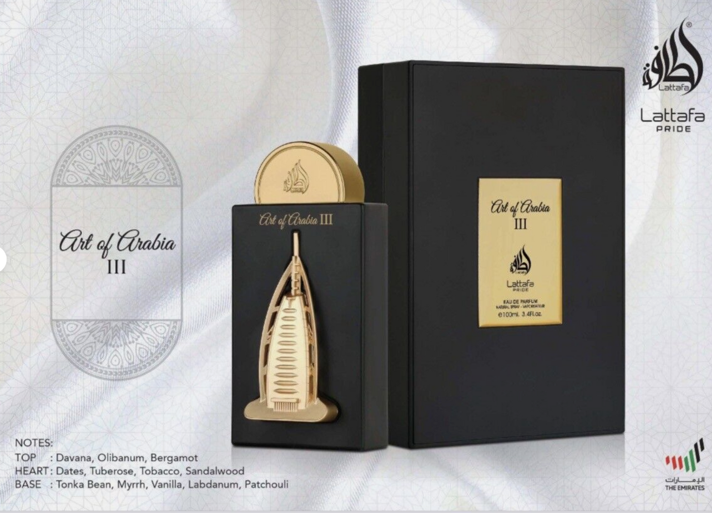 Art of Arabia III Lattafa Pride advertisement, bottle and box