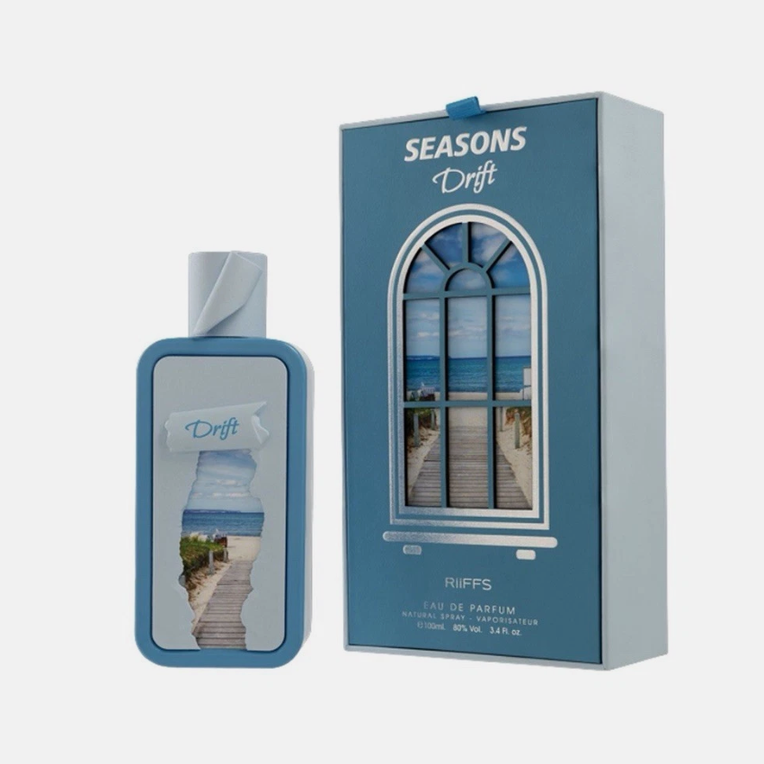 Perfume bottle and packaging with 'Seasons Drift' branding on a white background