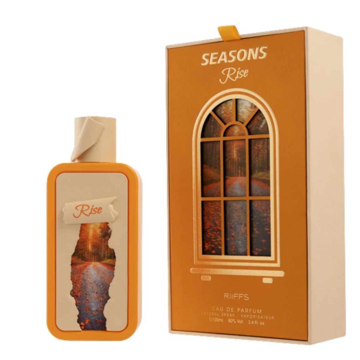 Orange perfume bottle and packaging with 'SEASONS Rise' branding on a white background