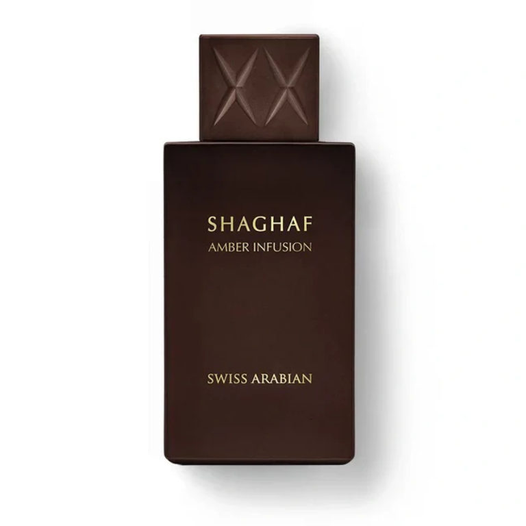 A dark brown rectangular perfume bottle with a matching cap, featuring gold lettering that reads 'SHAGHAF AMBER INFUSION' and 'SWISS ARABIAN', set against a plain white background.