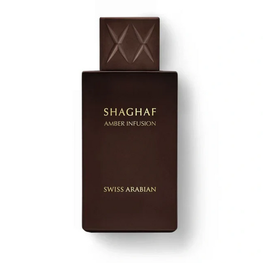A dark brown rectangular perfume bottle with a matching cap, featuring gold lettering that reads 'SHAGHAF AMBER INFUSION' and 'SWISS ARABIAN', set against a plain white background.