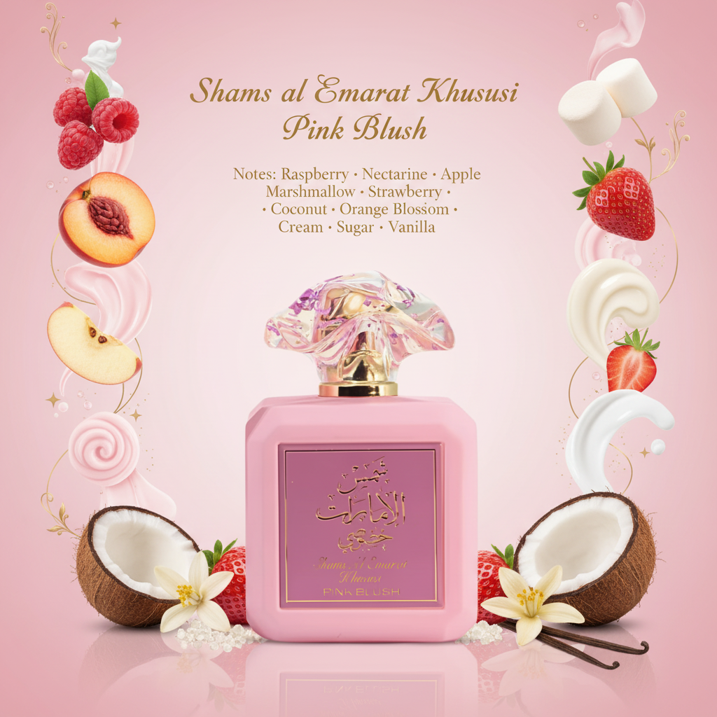 Pink perfume bottle with a pink label featuring gold Arabic calligraphy and 'PINK BLUSH' text, topped with a sculpted iridescent cap on a white background.