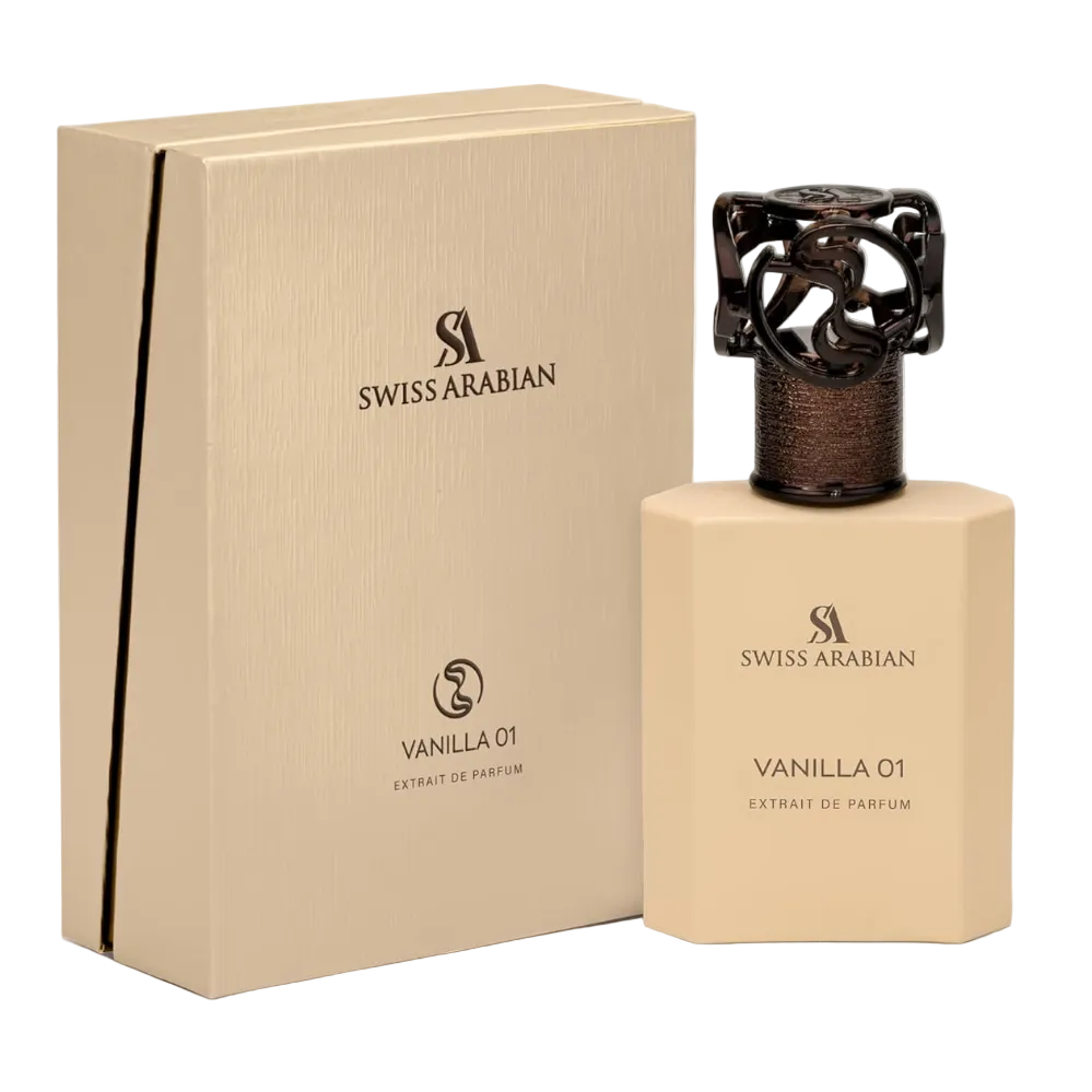 Swiss Arabian Vanilla 01 perfume bottle and packaging on a white background