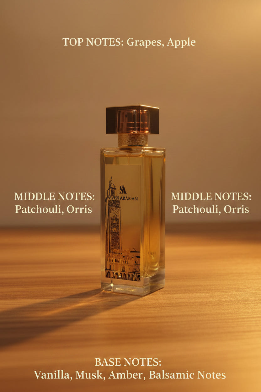 Perfume bottle with decorative label on a light gray background