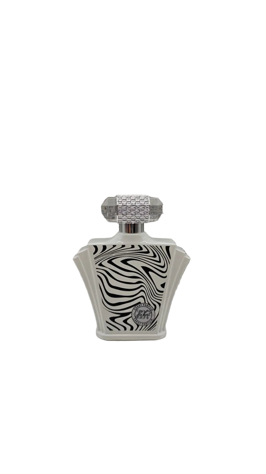 Perfume bottle with zebra pattern on a metallic surface